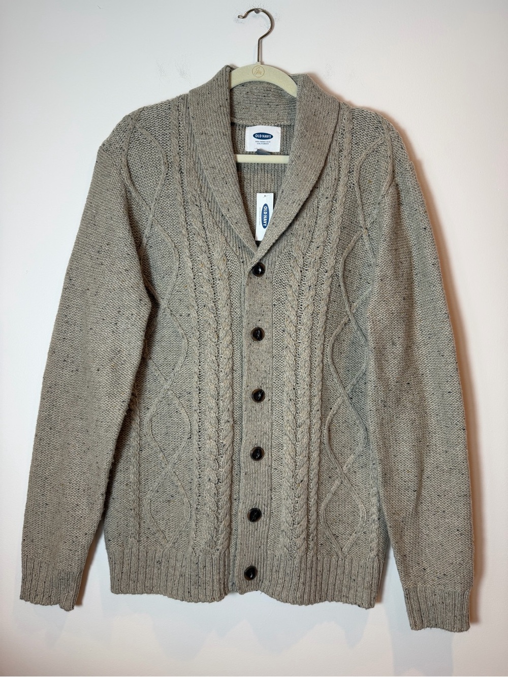 Old Navy Men's Cable Knit Shawl Collar Cardigan Sweater Oatmeal Tan Size Large N